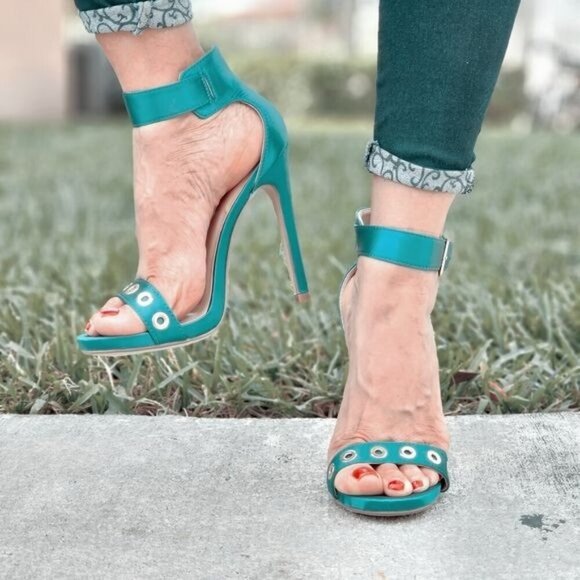 Women's Strappy Ankle High Heel Sandals Teal Color - Picture 2 of 7